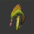 Fantasy Serpent Warrior 3D Model With Green Body Orange Mane Spear And Wooden Shield
