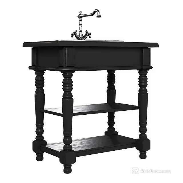 Black Wooden Bathroom Vanity With Carved Legs Faucet And Lower Storage Shelves 3d model 