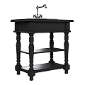 Black Wooden Bathroom Vanity With Carved Legs Faucet And Lower Storage Shelves