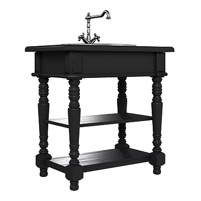 Black Wooden Bathroom Vanity With Carved Legs Faucet And Lower Storage Shelves 3d model