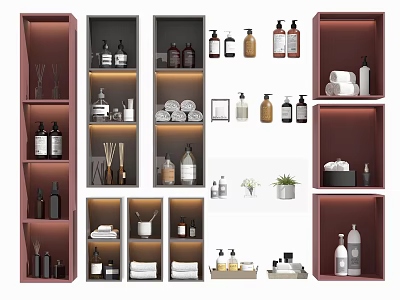 Modern Bathroom Accessories Organized On Storage Shelves With Bottles Towels And Plants 3d model