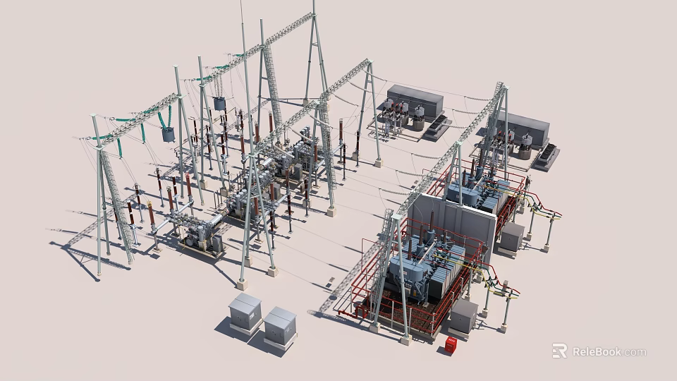 Electrical Substation Facilities With High Voltage Towers Power Equipment And Transformers 3d model 