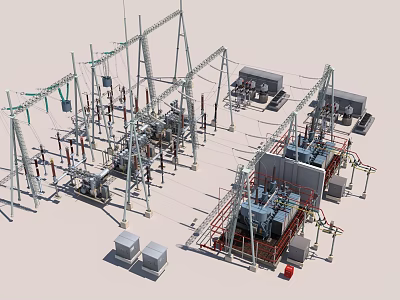 Electrical Substation Facilities With High Voltage Towers Power Equipment And Transformers 3d model