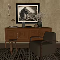 Wooden Console Side Cabinet With Table Lamp Books Decorative Vase And Lion Painting In Entryway