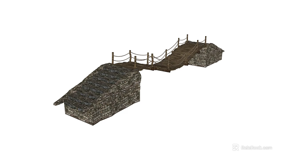 Traditional Stone Bridge Featuring Wooden Railings Stepped Path and Stone Abutments 3d model 