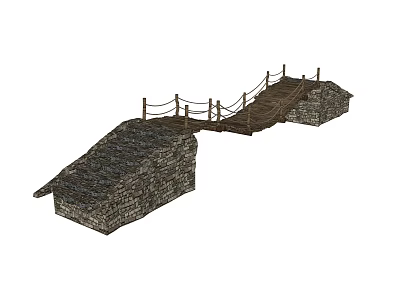 Traditional Stone Bridge Featuring Wooden Railings Stepped Path and Stone Abutments 3d model