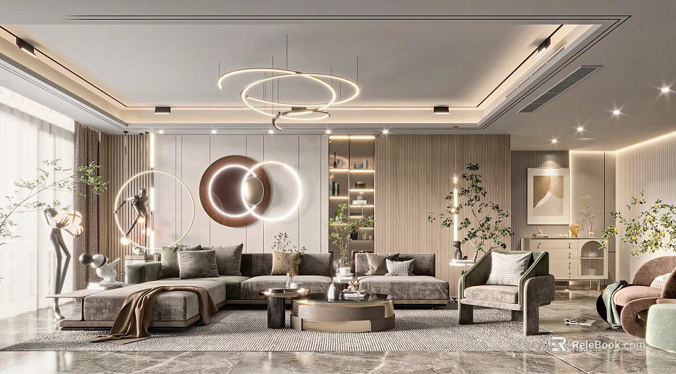 Modern Living Room Interior Featuring Circular Chandeliers L Shaped Sofa Coffee Tables And Wall Decor 3d model 