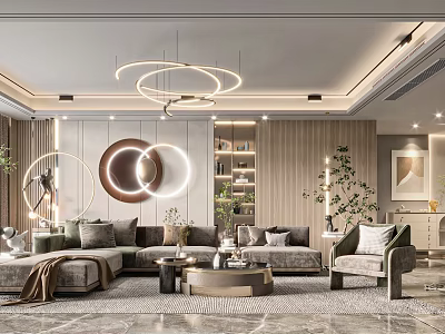Modern Living Room Interior Featuring Circular Chandeliers L Shaped Sofa Coffee Tables And Wall Decor 3d model
