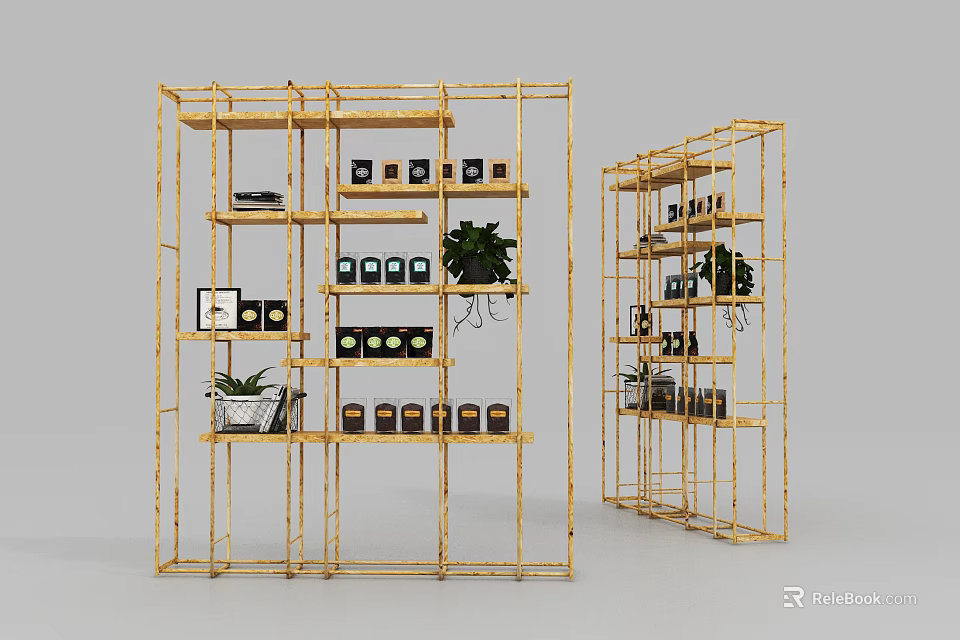 Golden Metal Shelving Unit With Multiple Shelves For Displaying Plants And Decor Items 3d model 