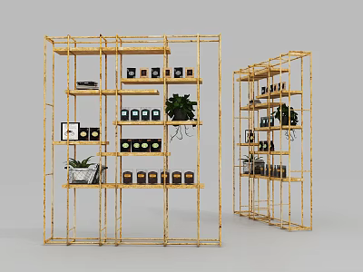 Golden Metal Shelving Unit With Multiple Shelves For Displaying Plants And Decor Items 3d model