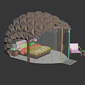 Modern Dome Shaped Building With Wooden Geometric Pattern Transparent Covering And Bed Inside