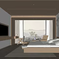 Minimalist Hotel Room Interior With Wooden Ceiling Large Bed And Mountain View Through Window