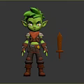Green Haired Elf Game Character With Red Scarf Armour And Brown Sword