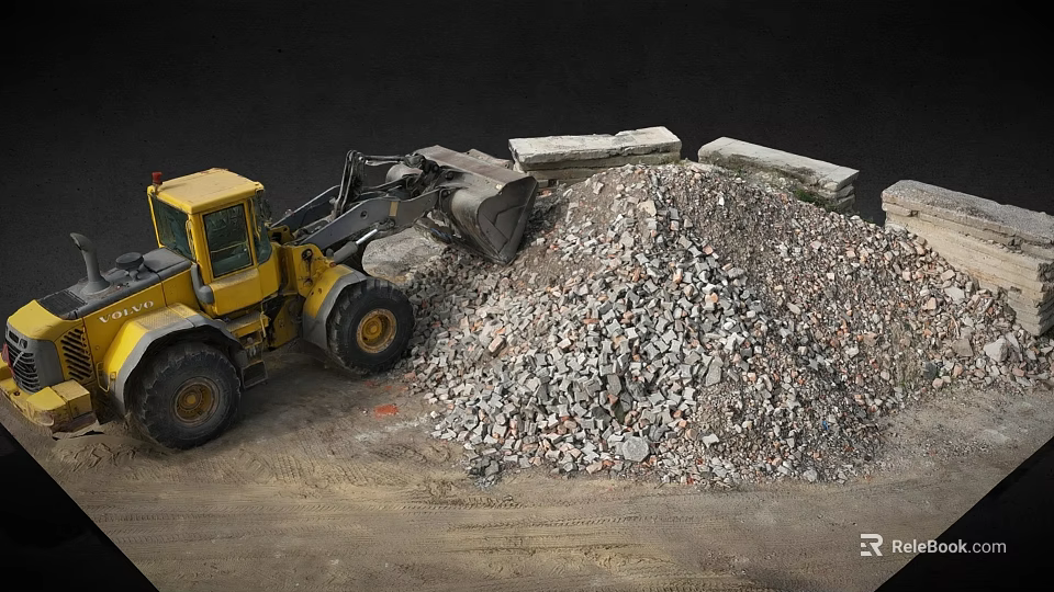Yellow Loader At Construction Site With Rubble Pile And Large Stones 3d model 