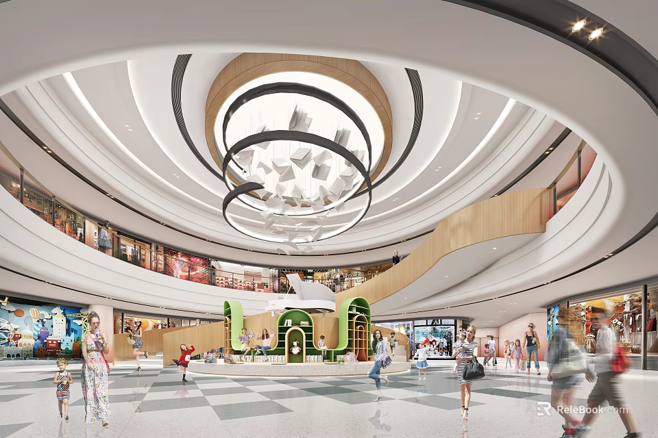 Modern Shopping Mall Atrium With Circular Design Elegant Chandelier And People Walking 3d model 