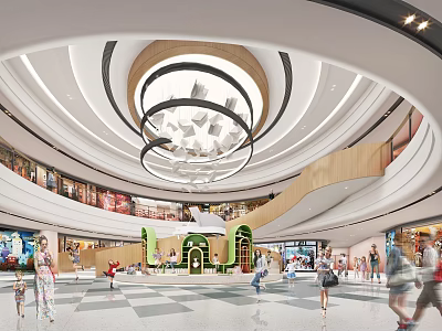 Modern Shopping Mall Atrium With Circular Design Elegant Chandelier And People Walking 3d model