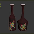 Two Decorative Home Furniture Vases With Maroon Color And Colorful Parrot Patterns