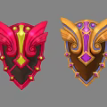 Two Colorful Decorative Shield Weapons With Red Gold Orange Purple Accents And Ornate Wing Designs