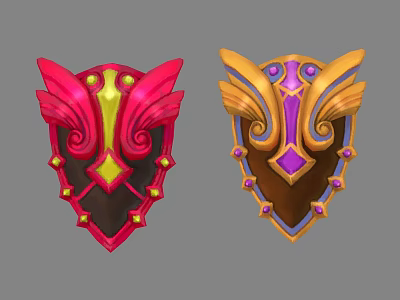 Two Colorful Decorative Shield Weapons With Red Gold Orange Purple Accents And Ornate Wing Designs 3d model