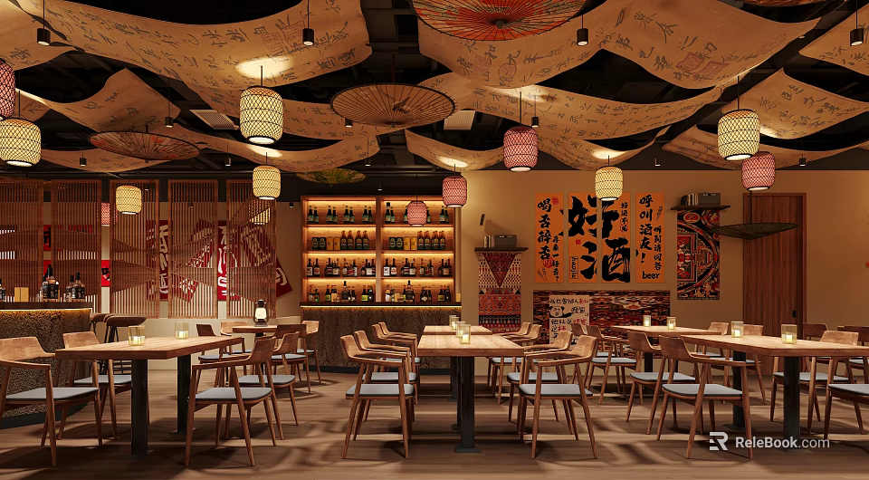 Traditional Japanese Bar Interior With Decorative Canopies Lanterns Calligraphy And Wine Shelves 3d model 