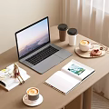 Cozy Desk Setup With Laptop Coffee Cups Open Notebook And Donut 3d model