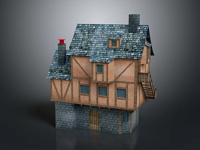 Traditional Medieval Cottage With Timber Frame Stone Base Gray Tiled Roof And Chimney 3d model