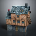 Traditional Medieval Cottage With Timber Frame Stone Base Gray Tiled Roof And Chimney