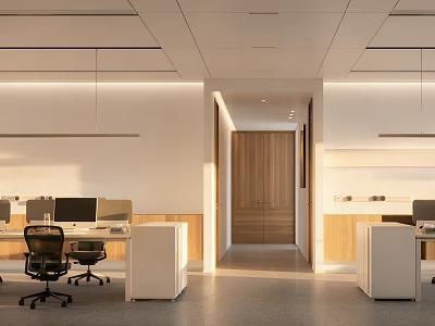 Modern Public Office Space with Open Layout Desks Computers Office Chairs and Bright Lighting 3d model