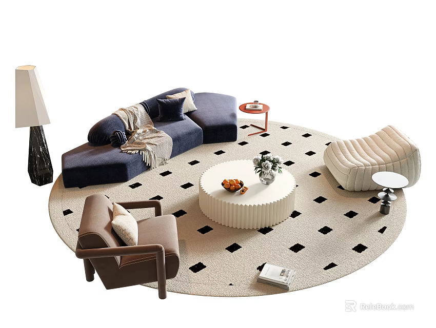 Stylish Sofa and Coffee Table Set with Round Black White Rug Accent Chairs Floor Lamp 3d model 