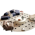 Stylish Sofa and Coffee Table Set with Round Black White Rug Accent Chairs Floor Lamp