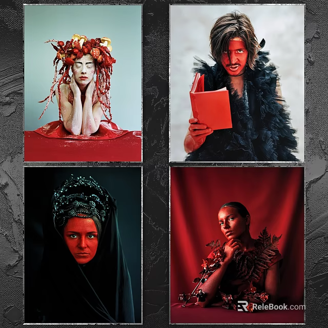 Decorative Photo Frames Displaying Artistic Portraits With Ornate Headpieces And Red Backdrops 3d model 