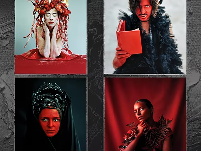 Decorative Photo Frames Displaying Artistic Portraits With Ornate Headpieces And Red Backdrops 3d model