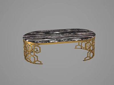 Luxurious Coffee Table with Black and White Marble Top and Golden Geometric Carved Legs 3d model