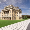 Large European Mansion With Reflecting Pool Blue Sky And Mountain View