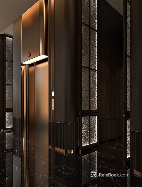 Modern Hotel Elevator Lobby Design With Metallic Frames And Frosted Glass Panels 3d model
