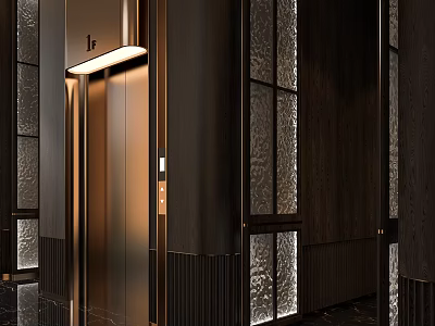 Modern Hotel Elevator Lobby Design With Metallic Frames And Frosted Glass Panels 3d model