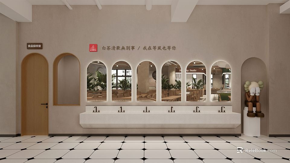 Public Restroom Interior Design With Arched Mirrors Washbasins Plants And Black White Tiles 3d model 