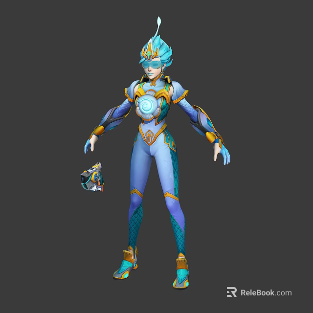 Main Character In Blue Armor With Glowing Circular Emblem And Small Winged Creature Companion 3d model 