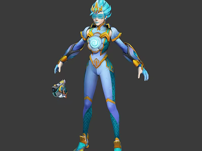 Main Character In Blue Armor With Glowing Circular Emblem And Small Winged Creature Companion 3d model