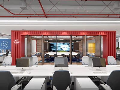 Modern Public Office Space With Red Frame Open Layout White Desks And Computers 3d model