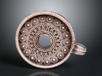 Ornate Circular Metal Home Decor Accessory With Intricate Design And Handle 3d model
