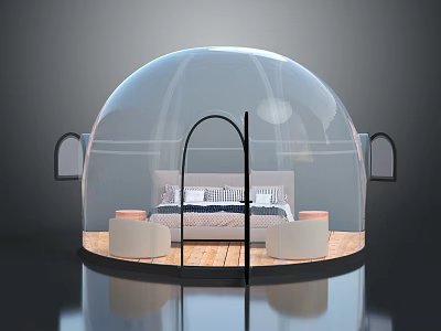 Cartoon Scene Transparent Dome Bedroom with Bed Round Stools Wooden Floor and Black Curved Frame 3d model