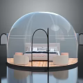 Cartoon Scene Transparent Dome Bedroom with Bed Round Stools Wooden Floor and Black Curved Frame