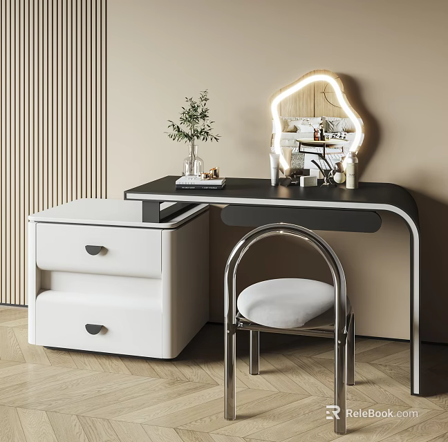 Modern Dressing Table with Lighted Mirror Black Tabletop White Cabinet Arched Stool and Plant Decor 3d model