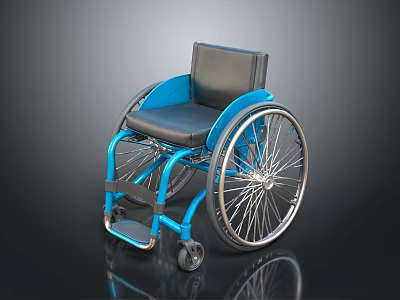 Blue Wheelchair With Black Seat Large Spoke Wheels And Metal Frame 3d model