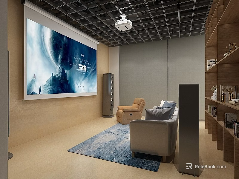 Home Theater Room With Large Projection Screen Projector Grid Ceiling Wooden Shelves And Comfortable Sofa 3d model 