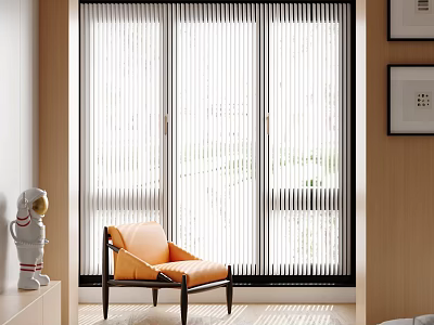 Modern Living and Dining Room With Orange Chair Astronaut Statue Window Blinds and Wall Art 3d model