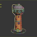 Orange Metallic Tower Structure with Gray Dome Top and Circular Windows on Circular Base