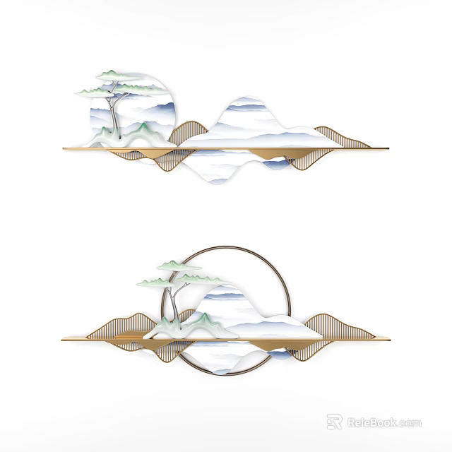 Chinese Style Wall Decor with Mountain Pine Tree Circular Frame and Wavy Structure 3d model