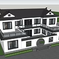 Modern Detached Villa Exterior With Black Roof White Walls Balcony And Greenery